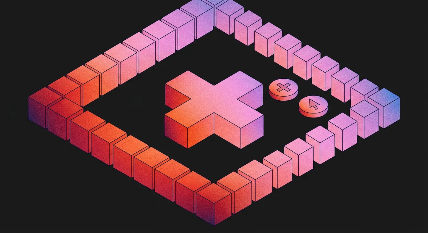 Isometric render of a DataMatrix code built from extruded gradient blocks, with a pharmacy cross at its centre