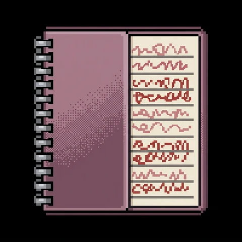 Pixel-art spiral notebook with handwritten lines