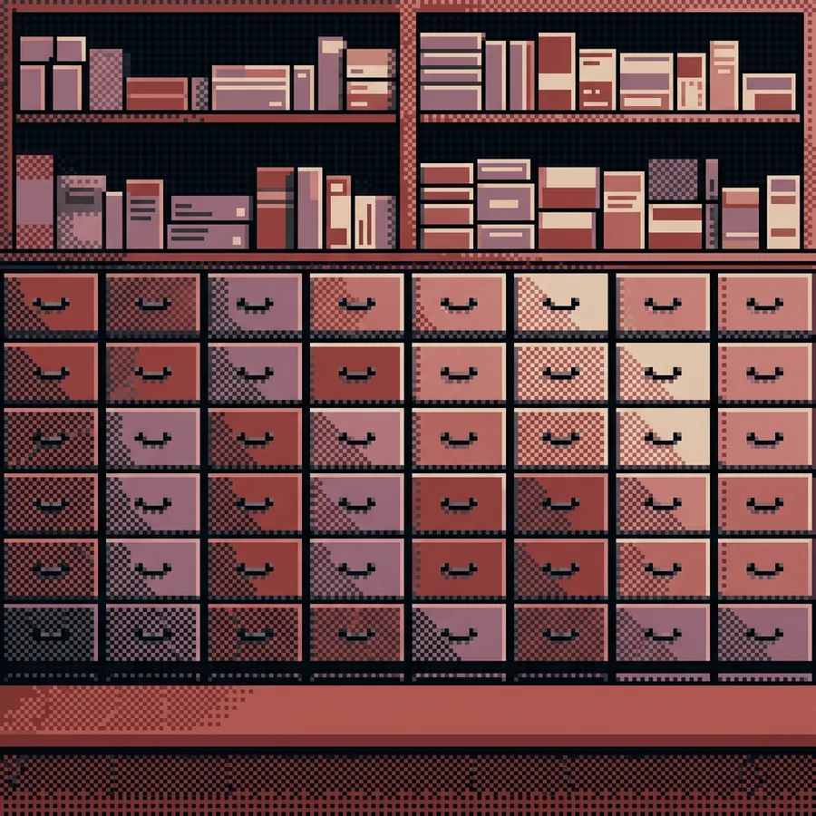 Pixel-art illustration of a pharmacy back wall with drawers and shelved medicine boxes